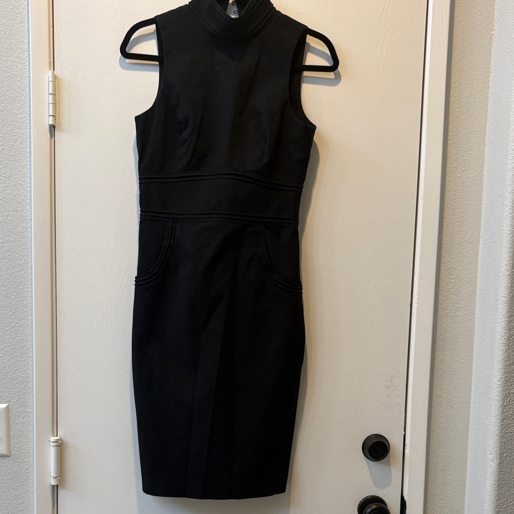 Marciano Black Sleeveless Midi Sheath Dress with Turtleneck